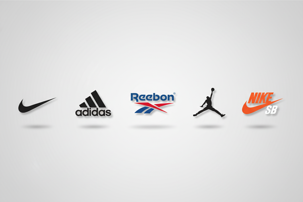 Generate a banner with the logos of the following brands: Nike, Adidas, Rebook, Jordans, NikeSB.